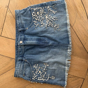 Free People Shine Bright Shine Far Medium Wash Denim Rhinestone Mini Skirt